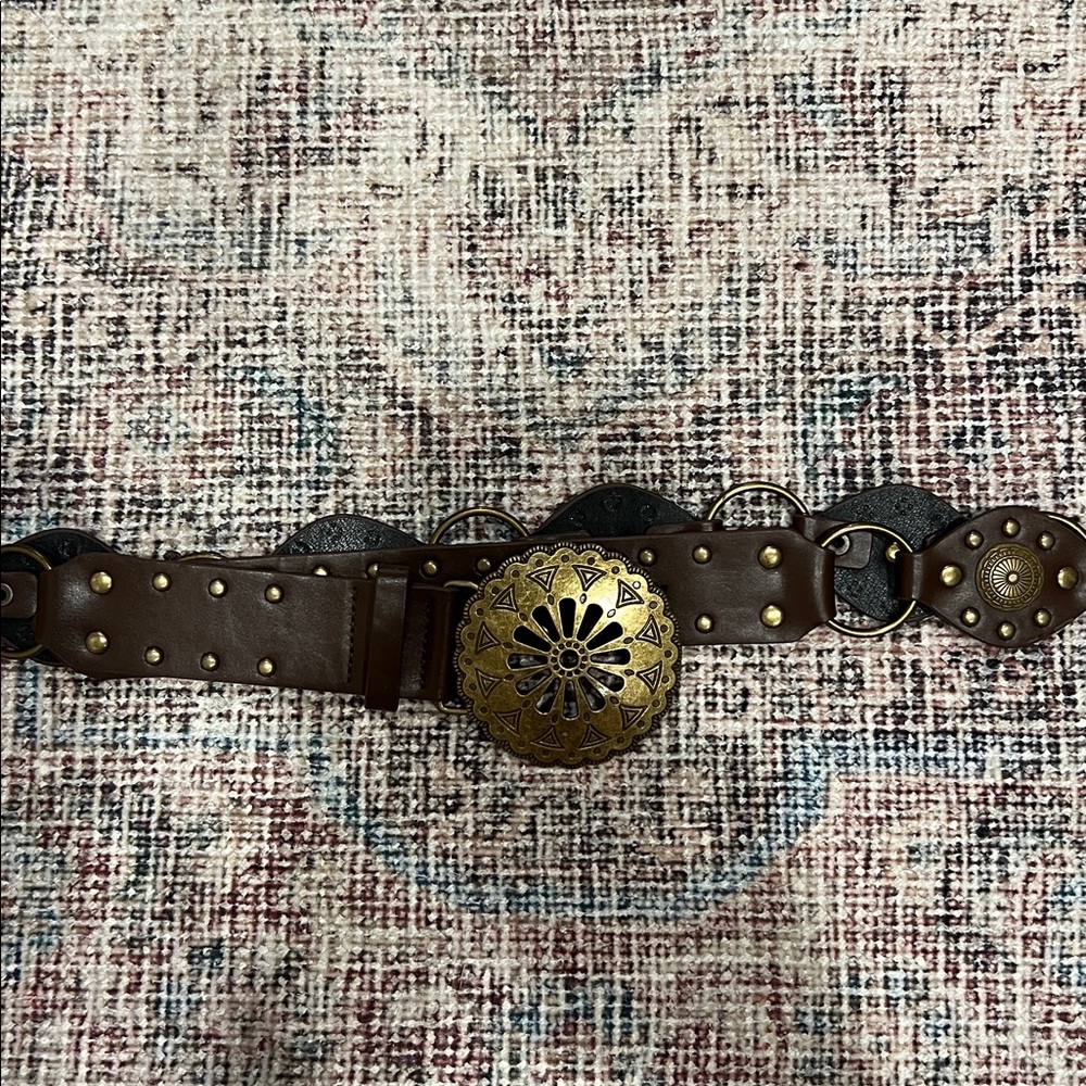 Boho Brown Studded Waist Belt with Brass Medallion